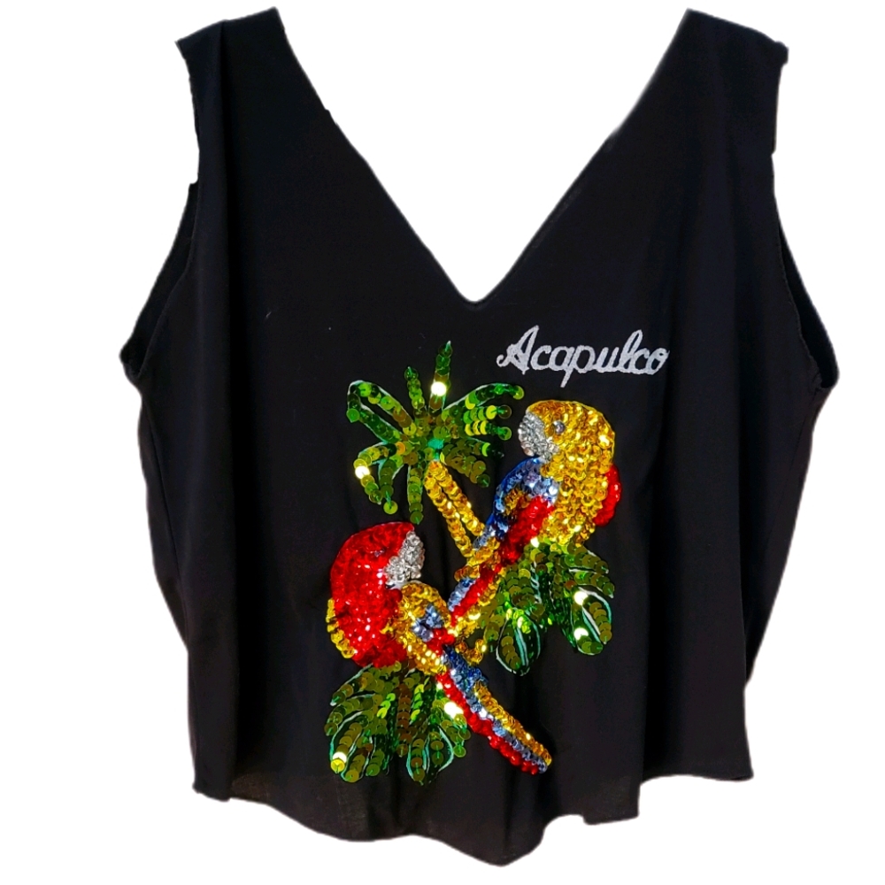 Women's Black Multi Colored Sequin Tank Tee NS